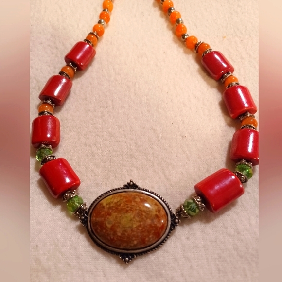 Coral Glass Beads, Statement Necklace - Picture 1 of 11